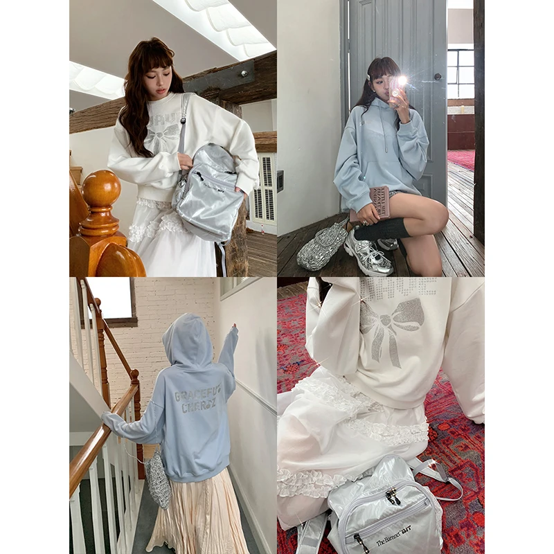 CHERI.Z闪粉印花连帽卫衣女士2023年秋冬圆领套头宽松上衣