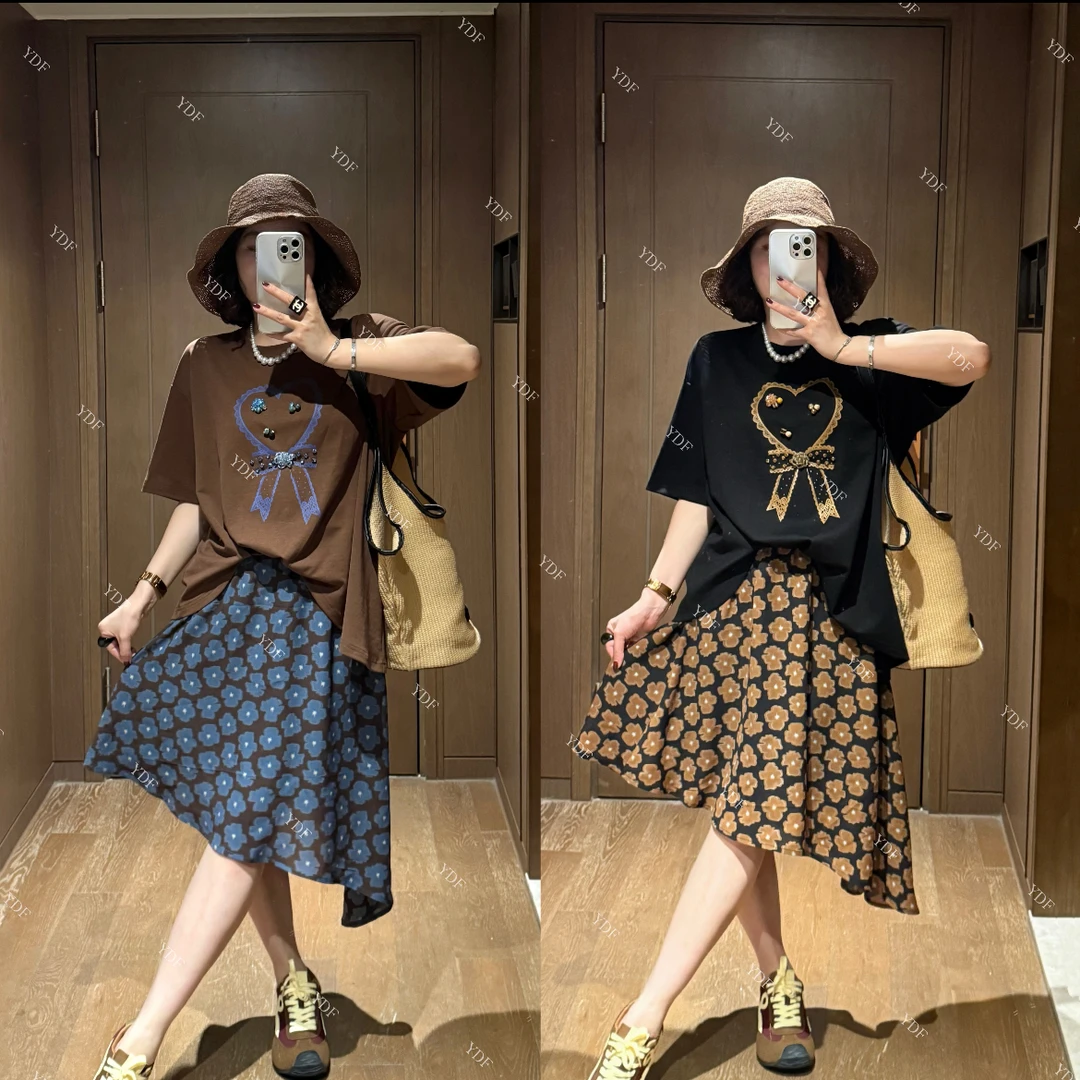 YDFSTUDIO小众【青柚冰茶】高品爱心印花钉钻拼接假两件花连衣裙女