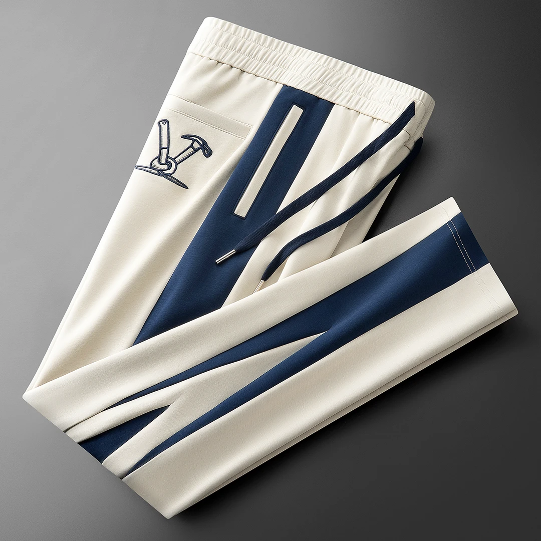 秋冬高端时尚老钱风潮流拼接男士休闲裤直筒弹力刺绣百搭运动卫裤