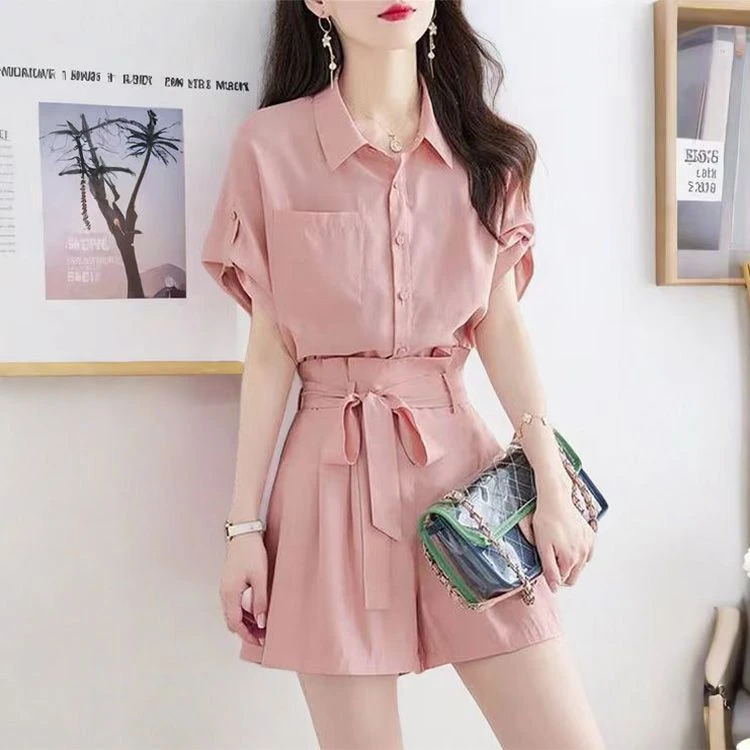 【两件套】气质短袖衬衫女宽松衬衣+设计感高腰阔腿短裤时尚套装