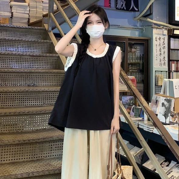 褶皱撞色黑色宽松无袖衬衫女夏季法式坎肩背心上衣设计感小众衬衣