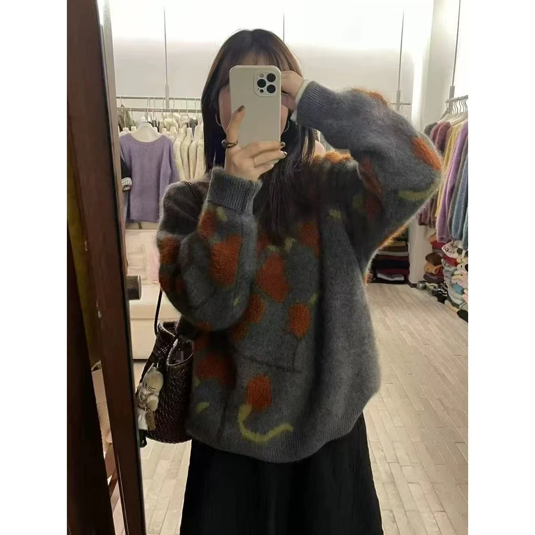 麦9802-32332 拉毛圆领显白套头灰色毛衣网红时尚毛针织衫