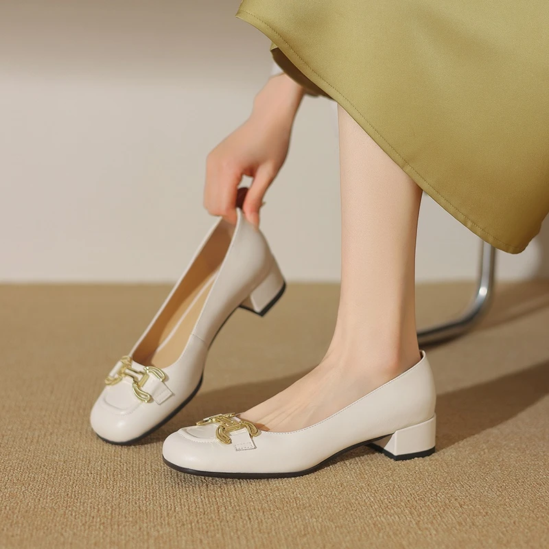 头层牛皮~时尚浅口方头玛丽珍粗跟低跟鞋法式复古马衔扣单鞋女鞋
