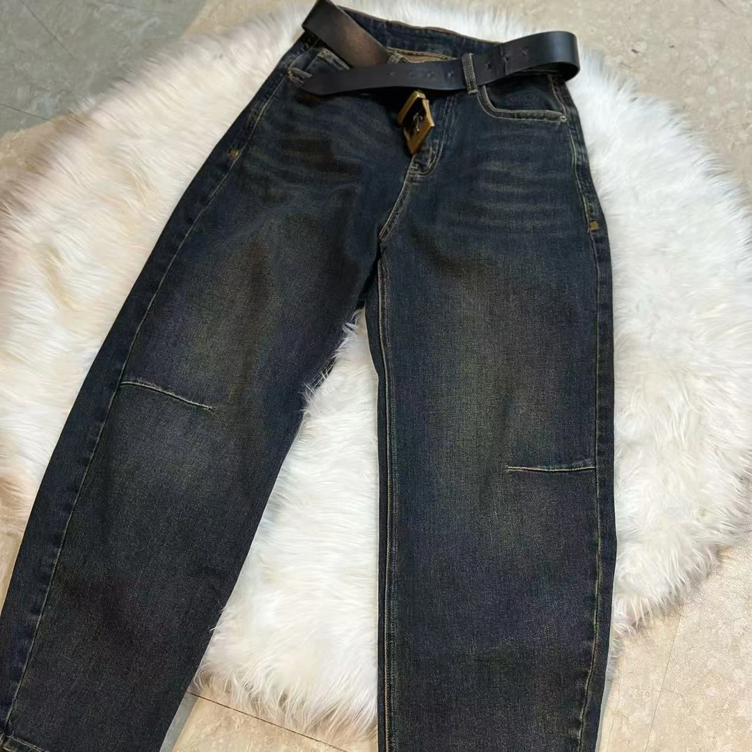 【二婷现货】26码小码裤腿带轧线老爹裤牛仔裤