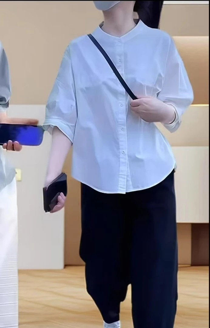 韩版洋气显瘦  小立领五分袖衬衫
