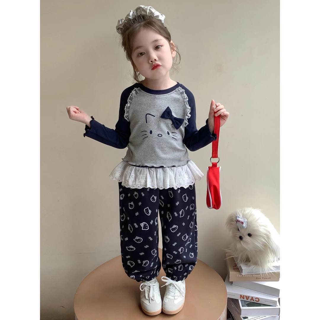 MK&UR.BV女童长袖套装春秋款2025新款洋气时髦秋装花边裤两件套