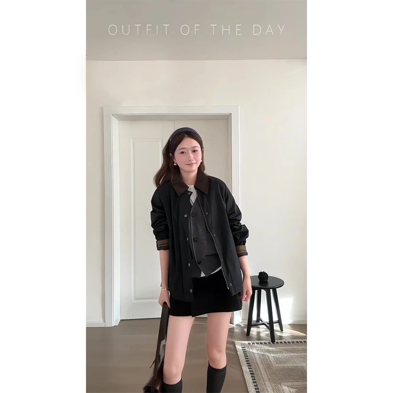 MARIE.COCO高智感穿搭格纹拼接长袖短外套女秋冬新款包臀裙两件套