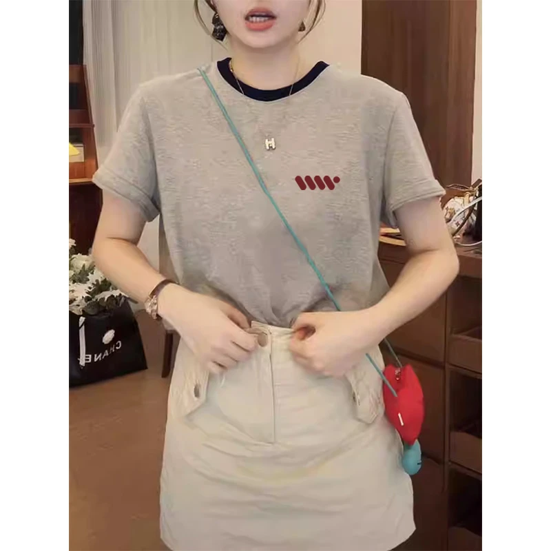 不撞款2025夏季新款插色领口短袖t恤女日常休闲百搭显瘦小众上衣