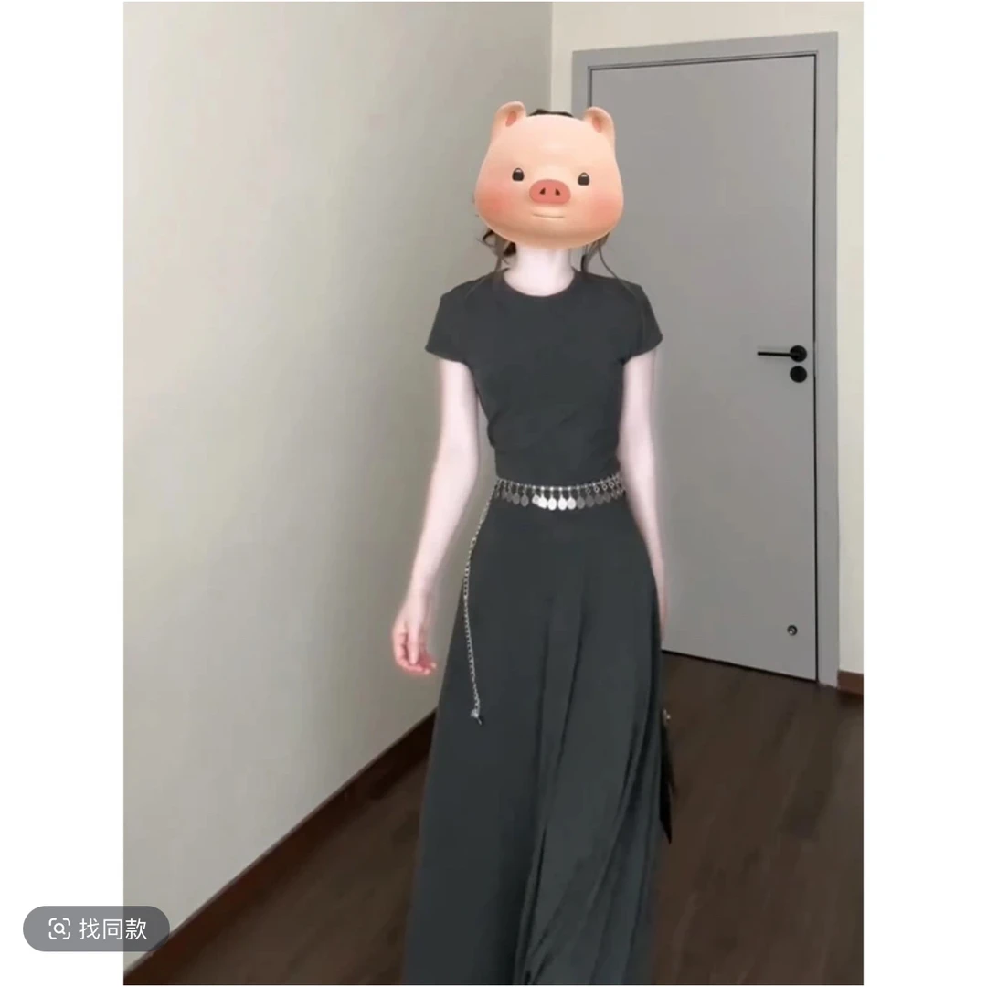 设计感连衣裙2025夏季新款法式高级感圆领短袖收腰中长款褶皱裙子