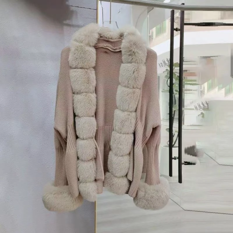 1591#气质名媛 毛领设计毛衣外套 配腰带 衣长65