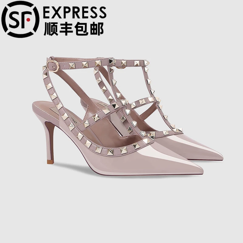 2025夏季新款尖头黑色铆钉高跟鞋女凉鞋细跟绝美裸色单鞋柳丁浅口