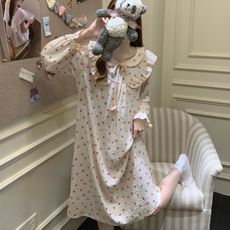 公主风娃娃领睡裙女春秋季长袖云朵棉日系甜美中长款睡衣连衣裙子