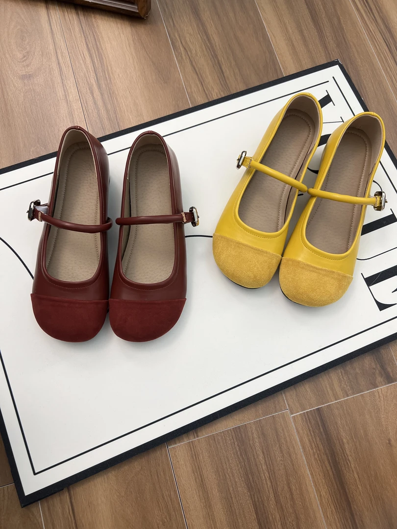 内增高圆头一脚蹬一字扣带玛丽珍鞋小个子2025新款韩版拼接单鞋女