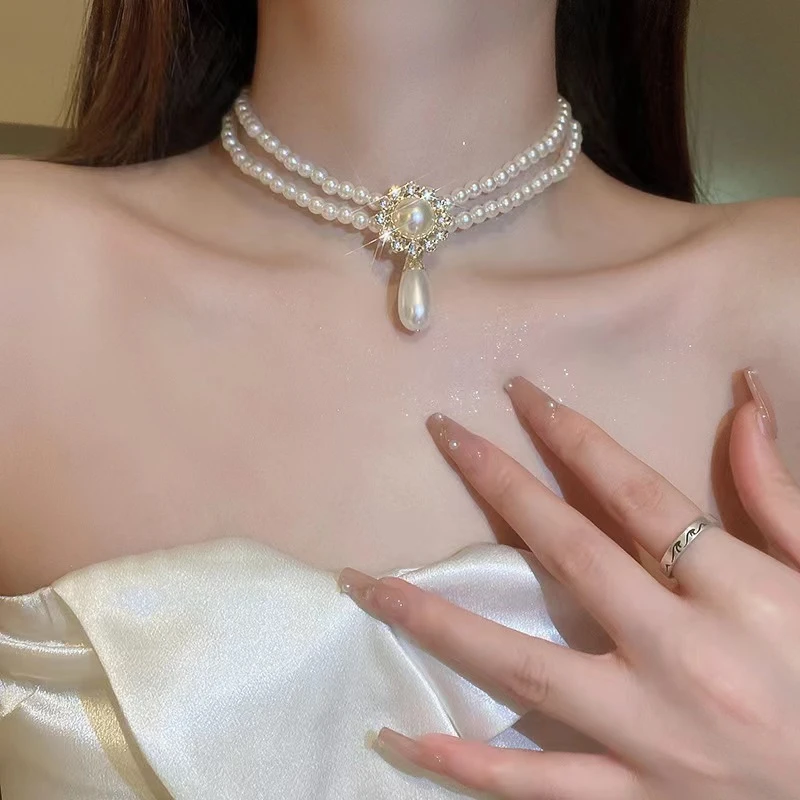 复古宫廷风轻奢小众双层珍珠锁骨链优雅气质宴会礼服配饰项链