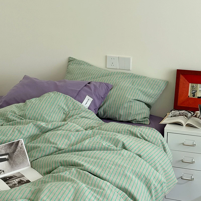 北欧ins风条纹全棉0四件套简约被罩棉床单床盖被套学生宿舍三件套