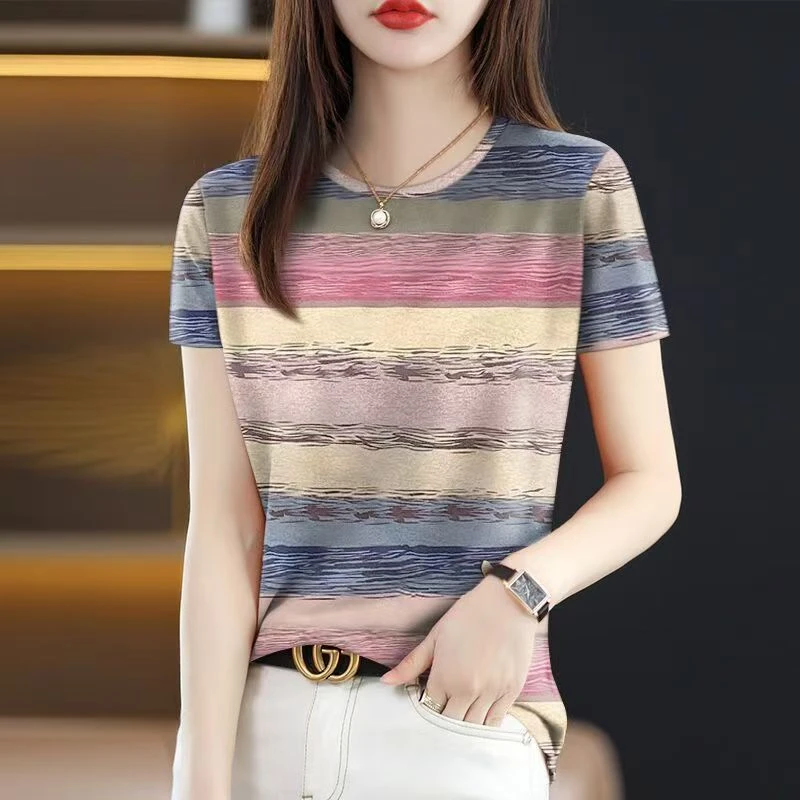 中老年夏季百搭短袖圆领薄款条纹洋气夏装修身印花女士T恤显瘦