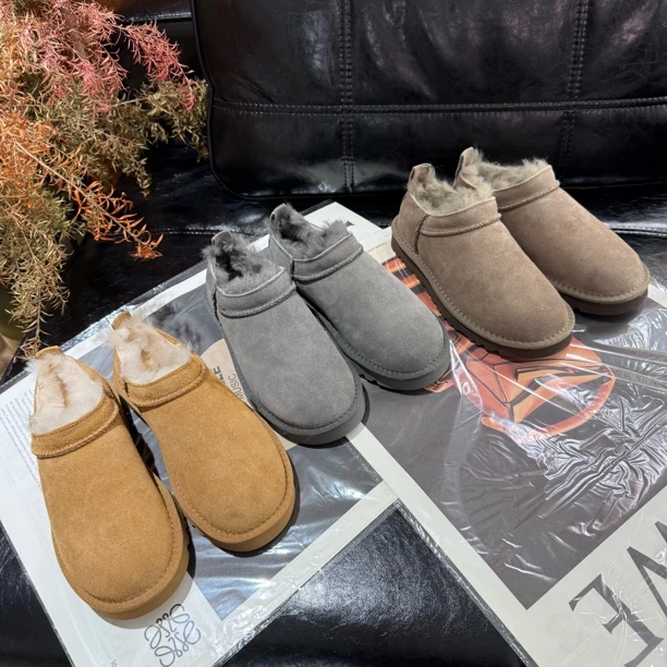 【XIAOXIA】冬季超迷你拖短筒保暖百搭牛皮羊毛薄底3cm雪地靴