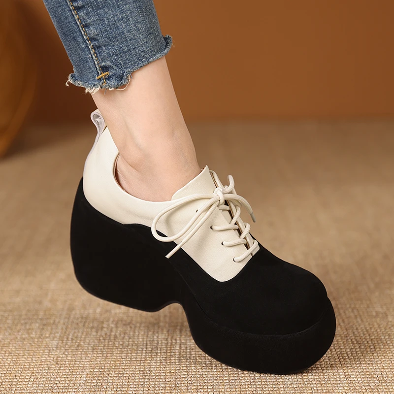 10cm坡跟单鞋女2025新款小香风拼色厚底松糕鞋子真皮防水台高跟鞋