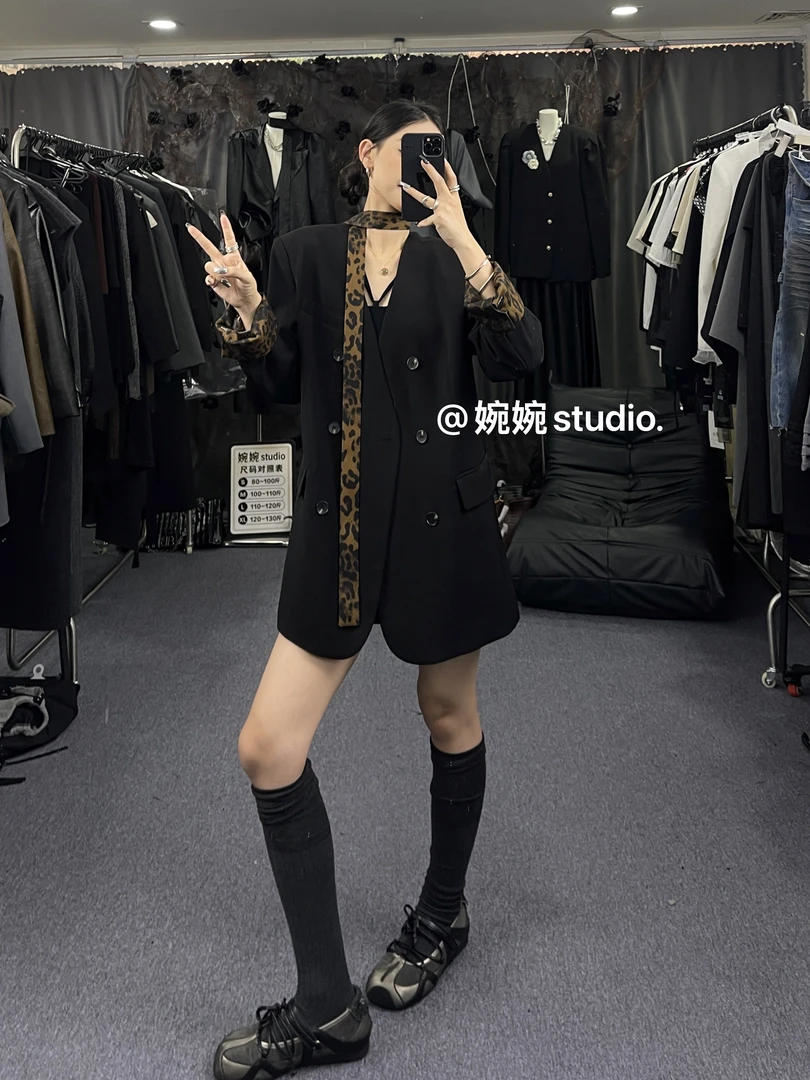 【婉婉studio】宽松双排扣豹纹V领常规款西装气质小西装休闲小西服