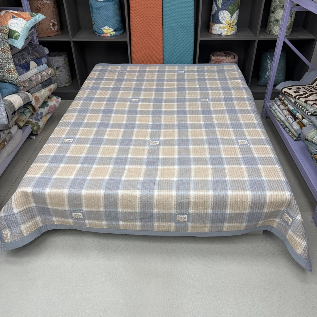 条纹格200*230cm原棉木棉加厚床盖四季款多功能床盖防滑可机洗