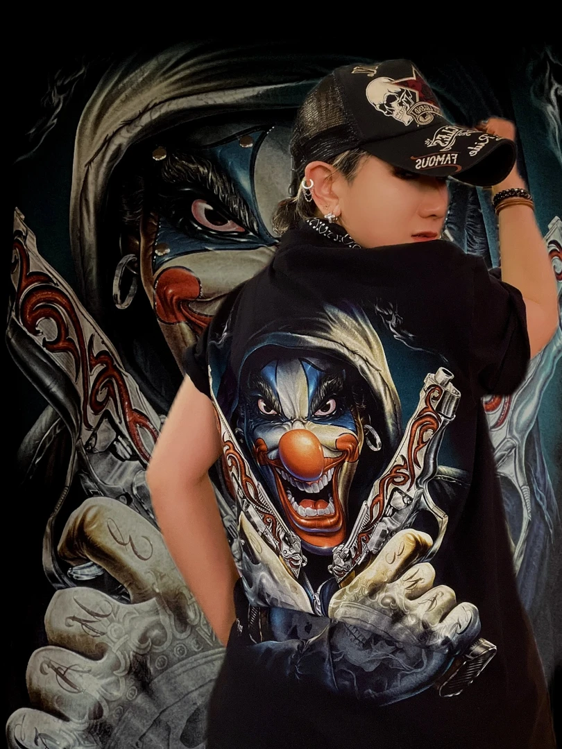 美式哈雷圆领印花人物小丑图男士案宽松版大图棉质短袖T恤