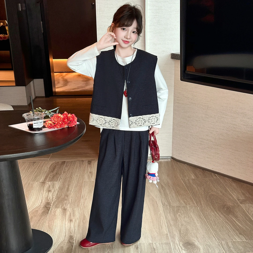 女童秋装套装2025新款儿童洋气时髦女孩春秋花边马甲小香风三件套
