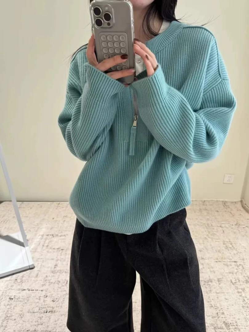 显白湖蓝/半拉链毛衣女装宽松复古慵懒风设计感小众上衣9522