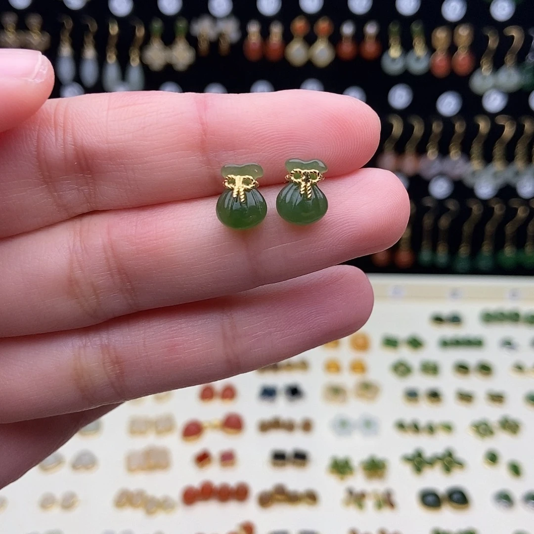 和田玉银S925镀金镶嵌耳饰