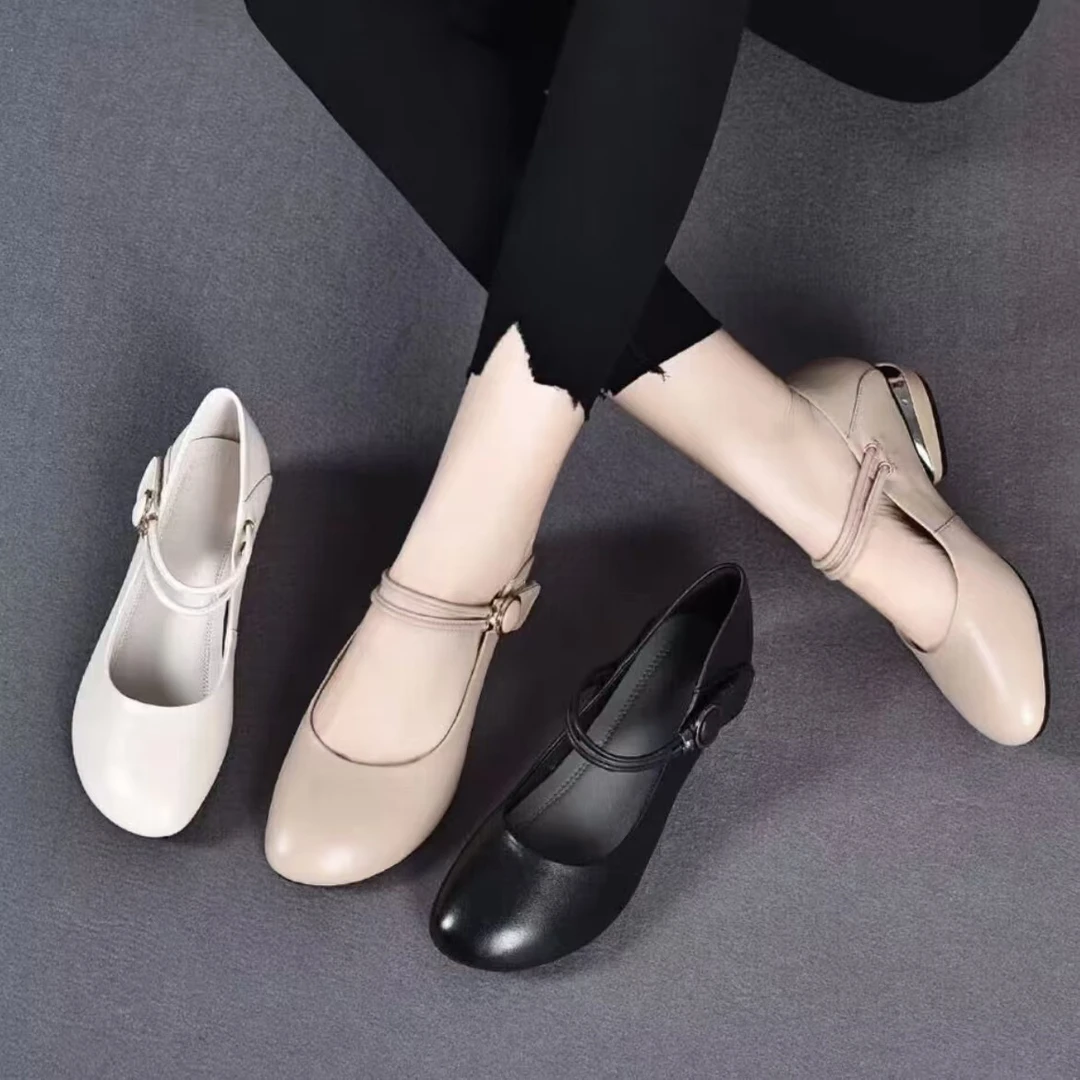 2025新款一字扣单鞋女低跟舒适软底黑色工作鞋中年妈妈鞋皮鞋-5