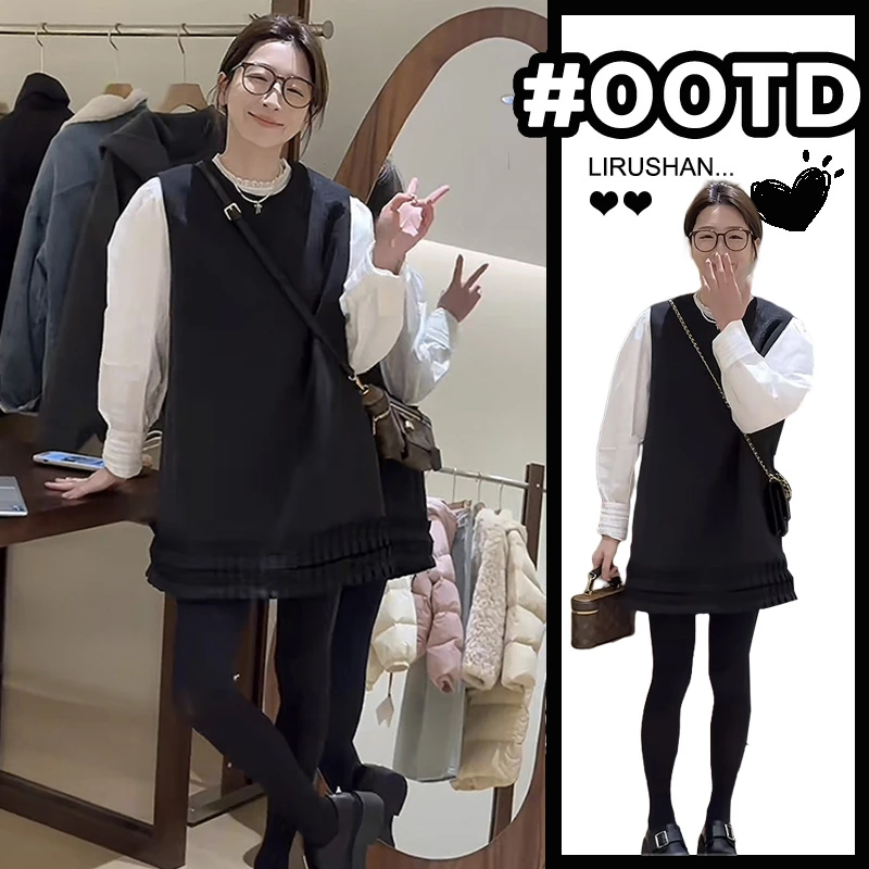 2025秋冬新款高级感拼接木耳边无袖背心马甲叠穿白色衬衫两件套