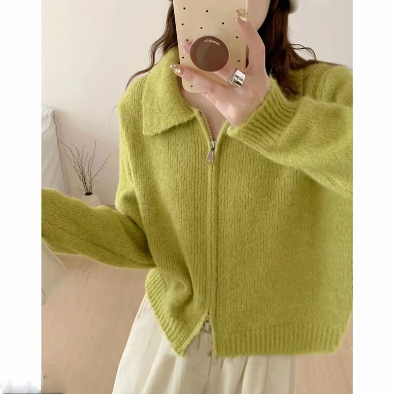 【丹姐家~拉链方领开衫】简约百搭针织开衫