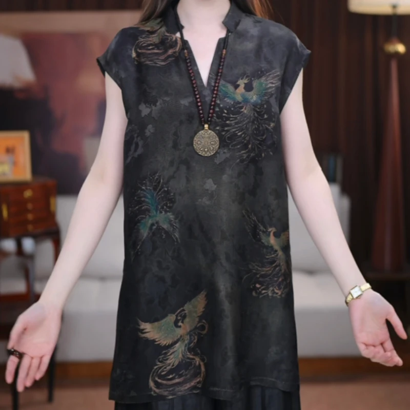 新中式国风高端2025夏季新款复古印花短袖衬衫大码女装中长款上衣