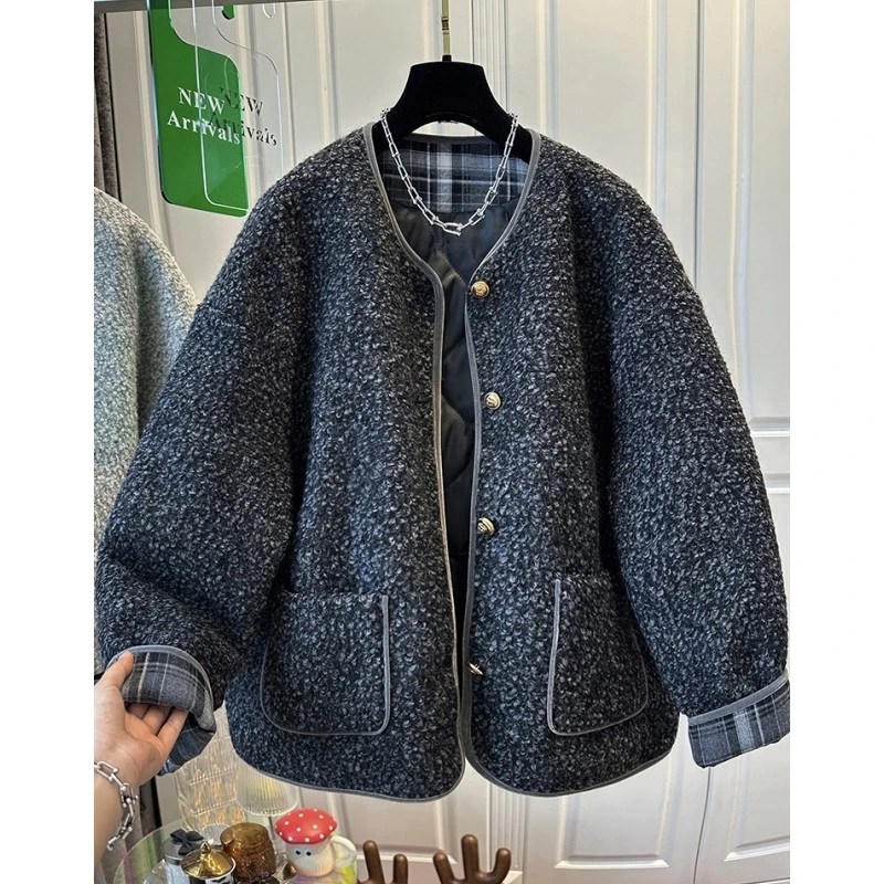 7279法式小香风撞色格子毛茸茸夹棉外套女棉服宽松保暖秋冬新款