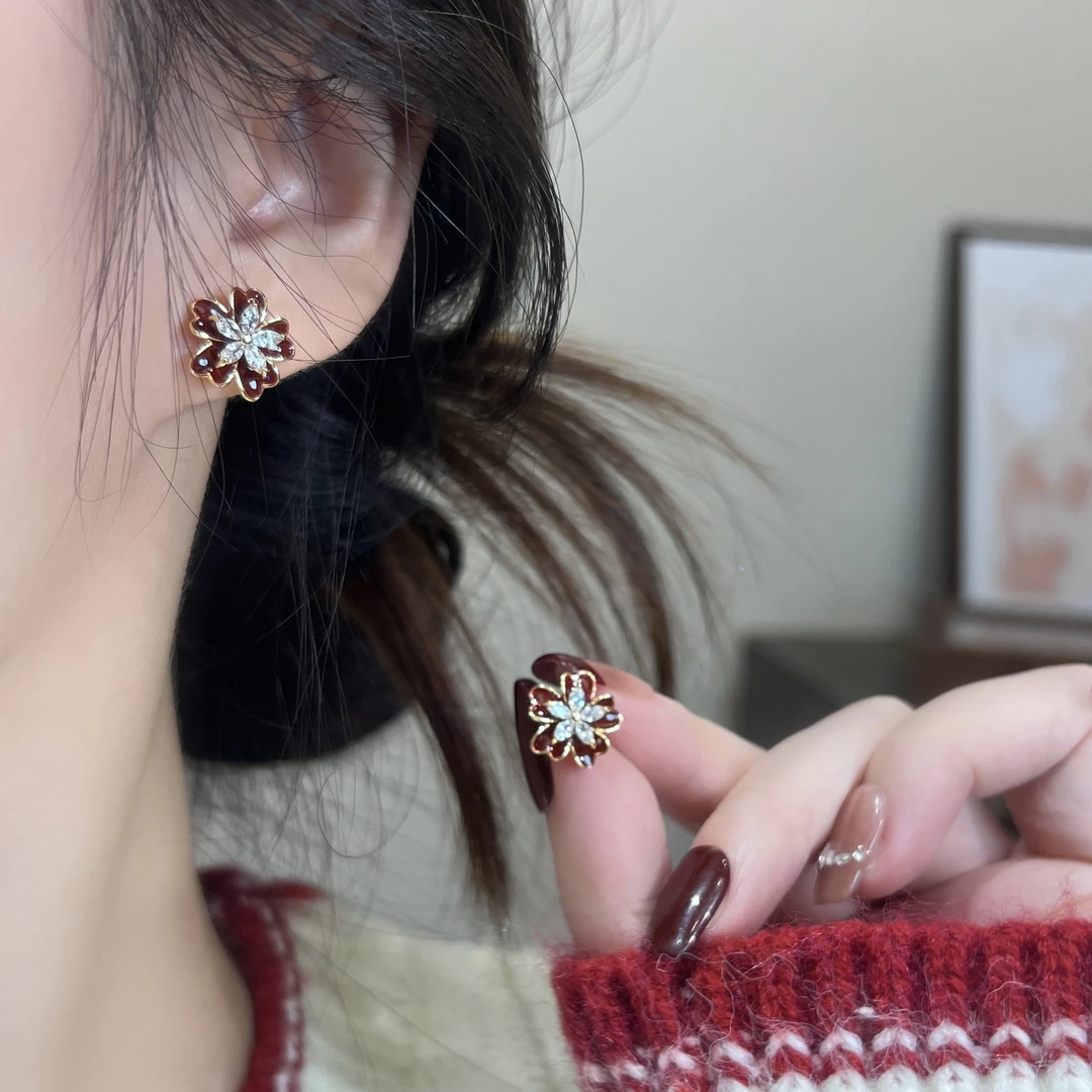 “双11好物”  复古红色花朵耳钉微镶高级轻奢百搭耳环E1867