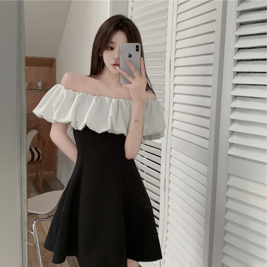 大码女装 气质名媛风一字领露肩收腰连衣裙