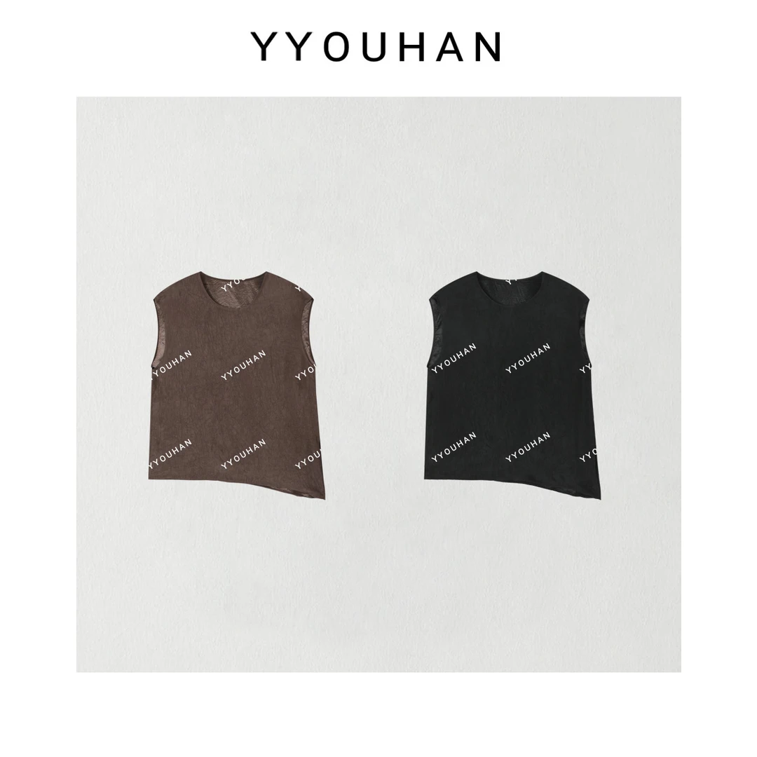 YYOUHAN 2025夏款小众设计极简下摆开叉无袖醋酸T恤上衣2504C2264