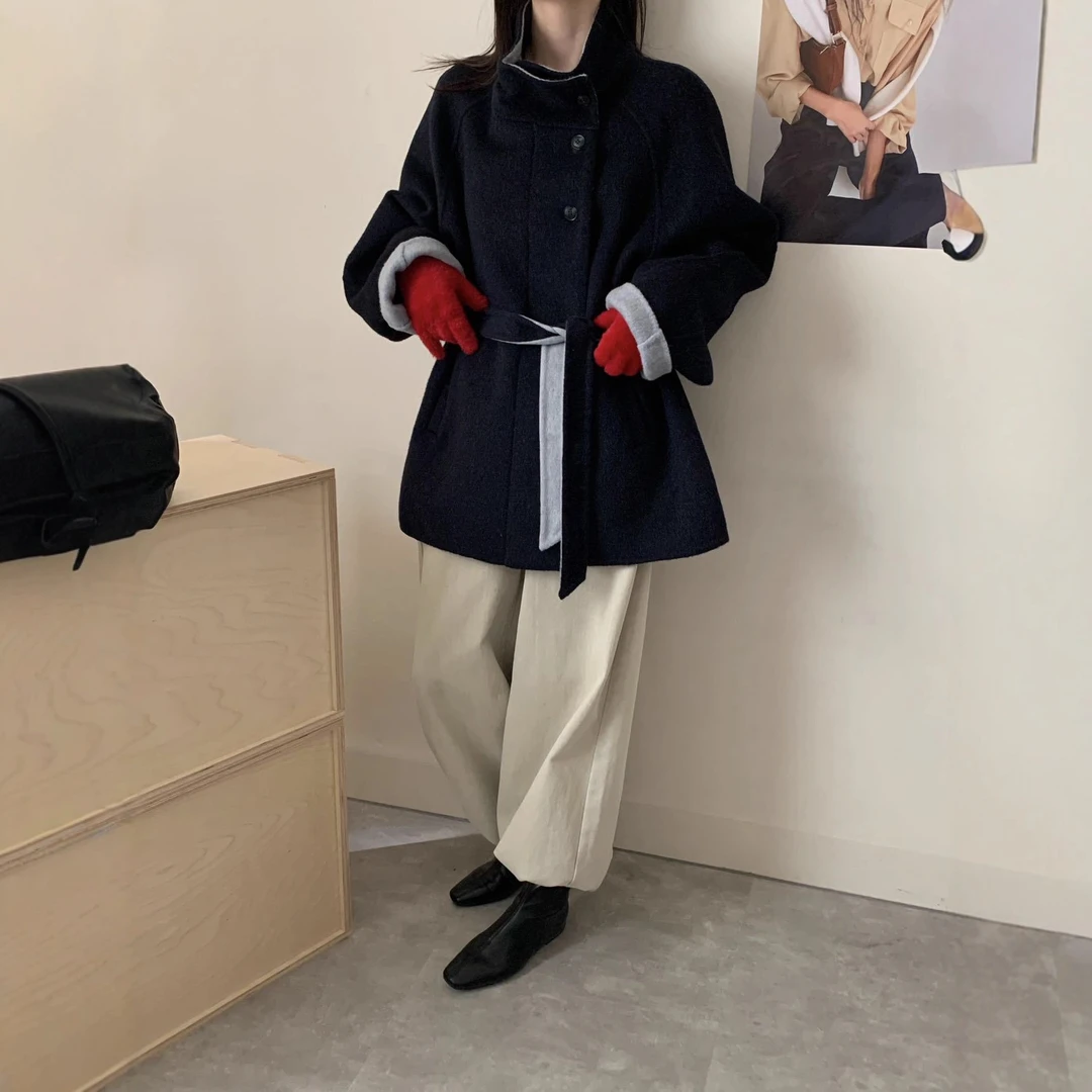 腰带中长款立领双面羊毛大衣 AB面气质款式加厚保暖羊绒毛呢外套