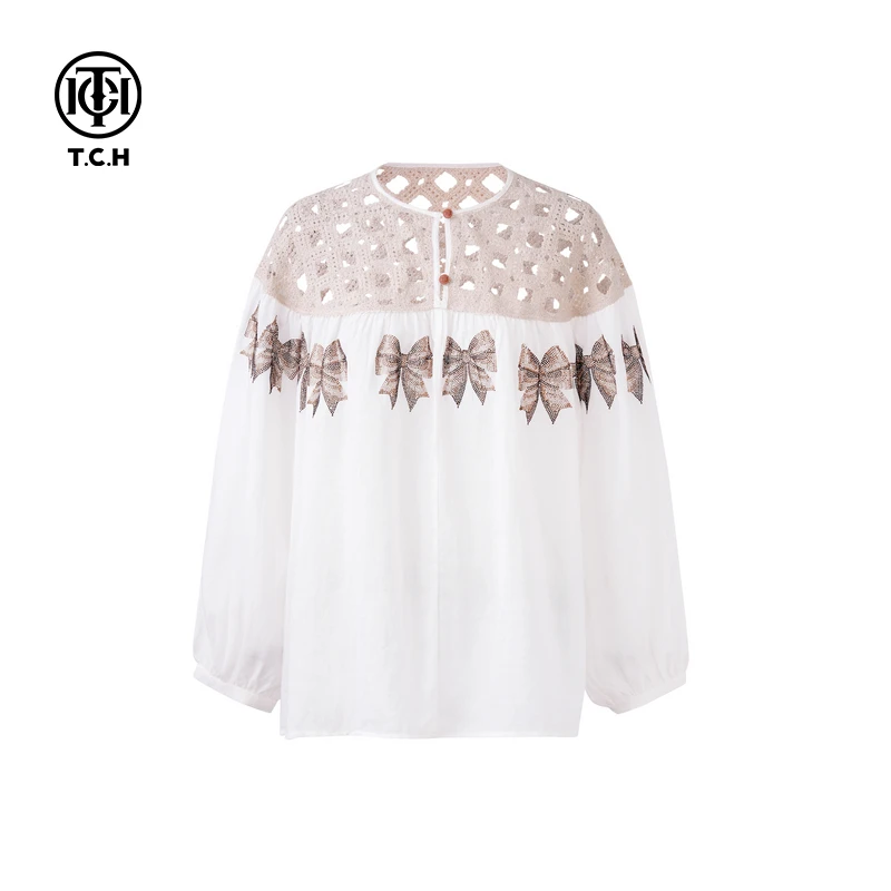 TCH现货私服烫钻工艺镂空肩膀蝴蝶结衬衫女T75A02E5026轻奢tch