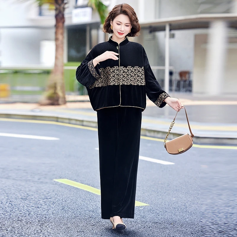 中年妈妈春装丝绒两件套阔太太气质套装中年女装春季时尚长袖小衫