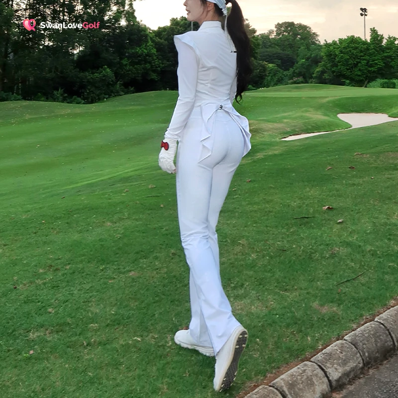 夏季高尔夫裤子女薄款后腰蝴蝶结修身显瘦纯白高腰运动速干球裤女