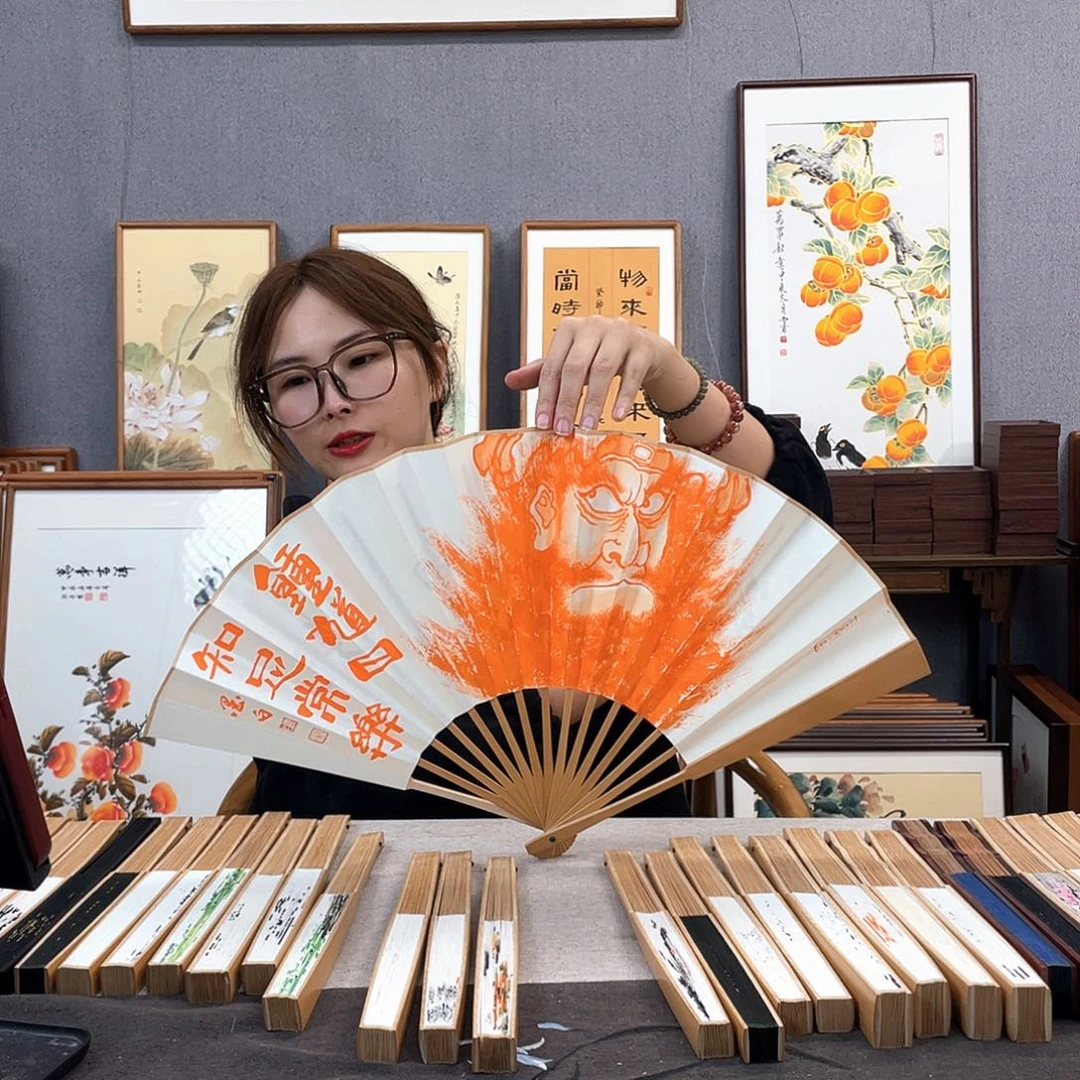 国画10寸玉竹-纯手绘-文玩扇骨（默认粘好）