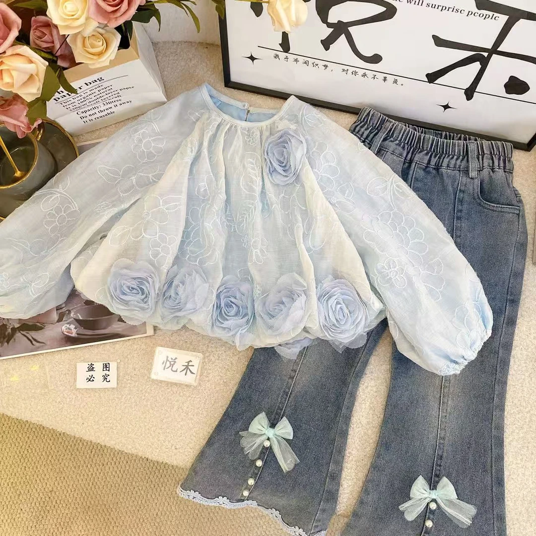 SH【悦禾】新款女宝宝洋气时髦秋装设计感蓝色小花时尚韩版童装7757