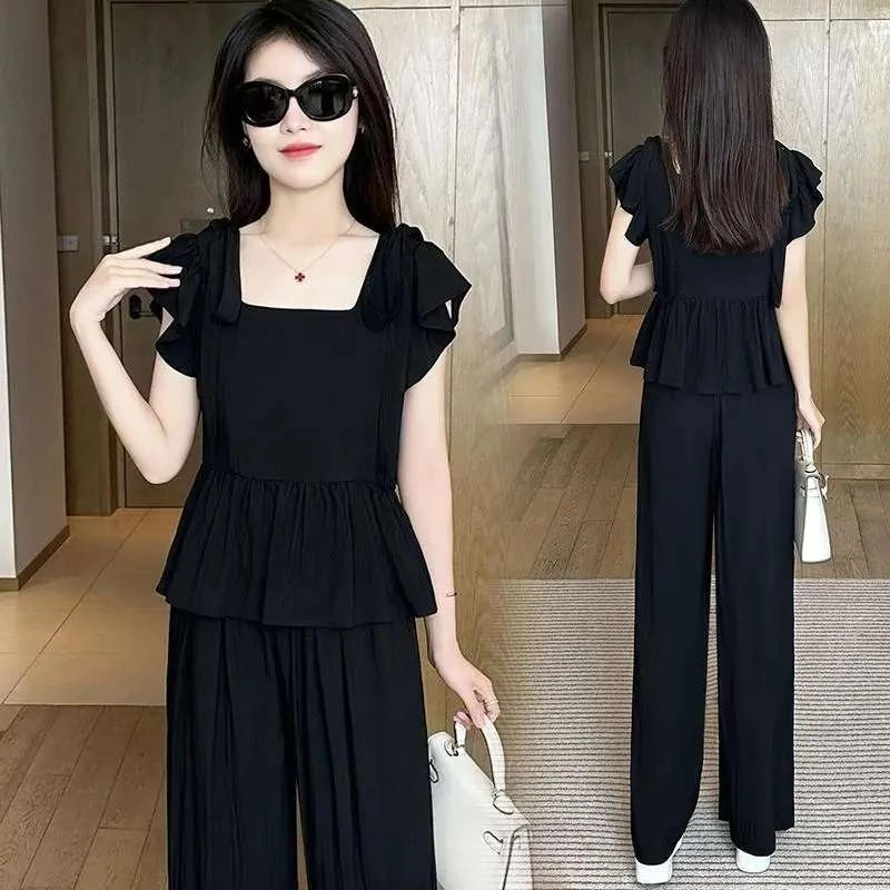 2025夏季新款方领时尚运动套装显瘦遮肉减龄洋气减龄阔腿裤两件套