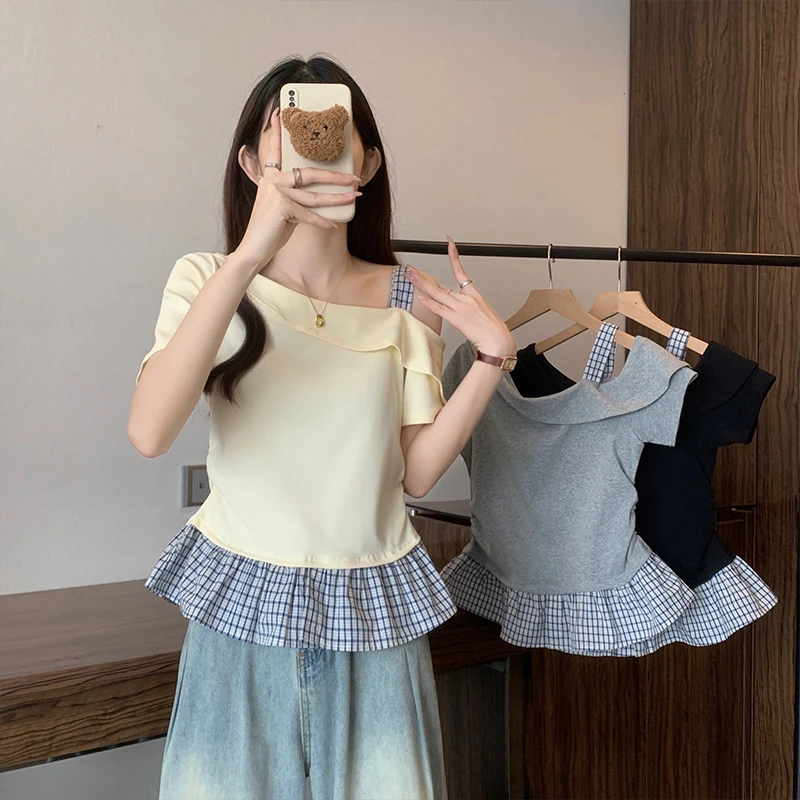 A大码女新款斜肩收腰显瘦拼接短袖T恤胖妹妹法式休闲减龄百搭上衣