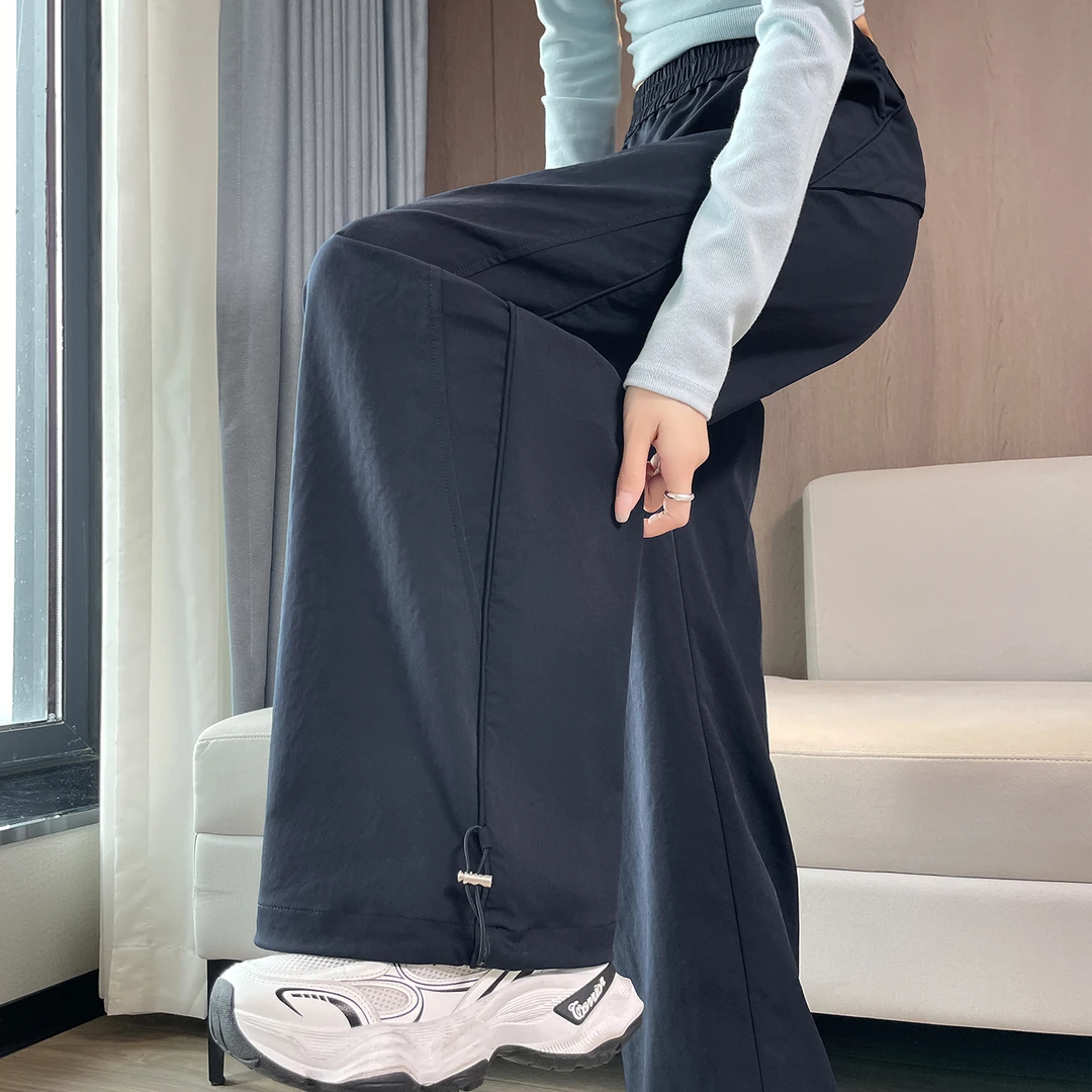 藏青色美式工装裤女秋酷飒风高腰阔腿直筒显瘦登山运动裤阔腿裤