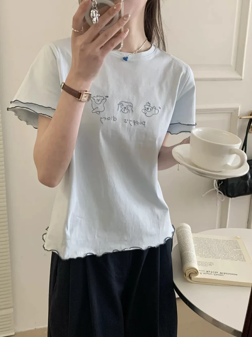 正品夏季OMELET蛋卷韩系时尚甜美百搭木耳边小狗刺绣短袖T恤25273