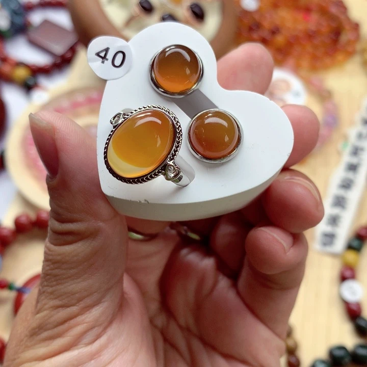 玛瑙/玉髓戒指耳钉银S925镶嵌