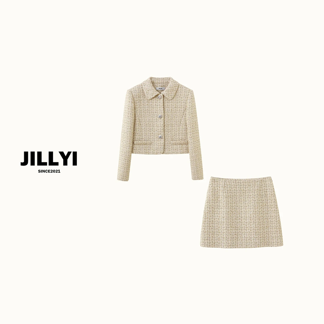 JILLYI珠海店【燕麦奶油】燕麦色元宝领外套+燕麦色半身裙老钱风套