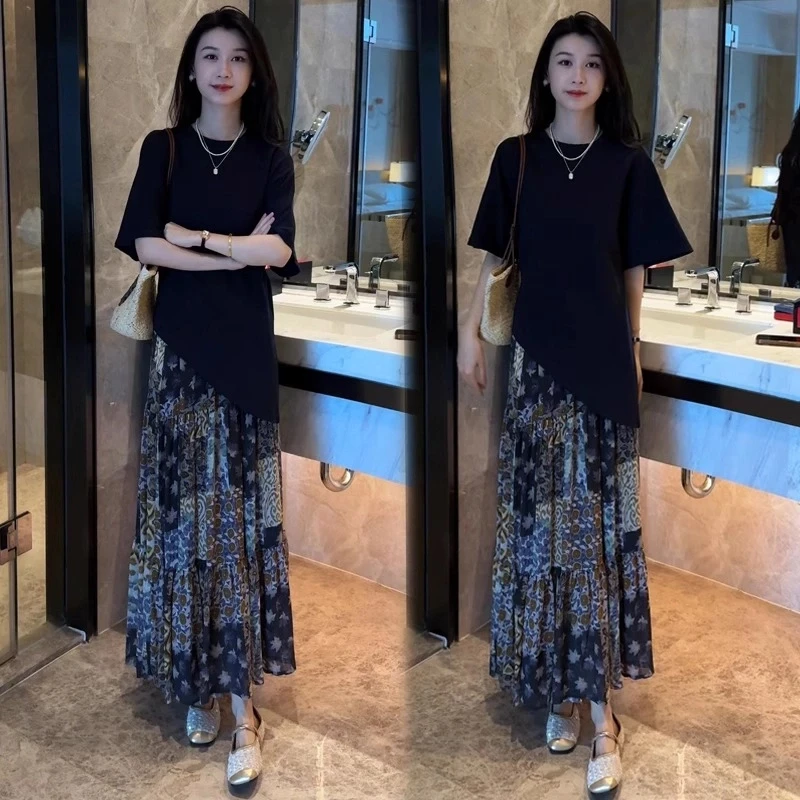 爆款套装裙女2025夏季新款时髦洋气不规则短袖上衣半身裙两件套潮