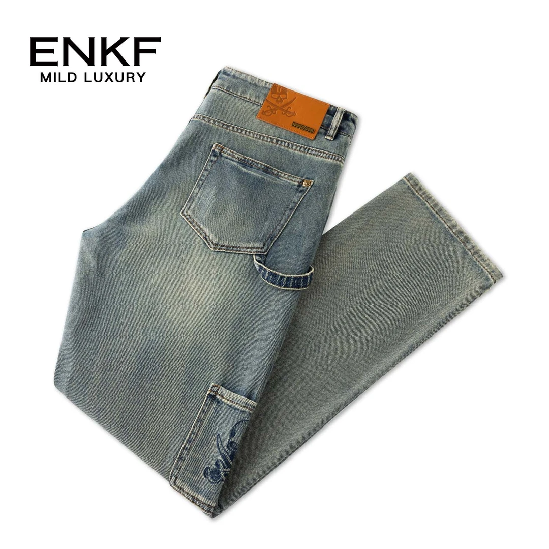 蒙口透宽松直筒裤子男士春季新款牛仔裤复古做旧高端青年休闲长裤